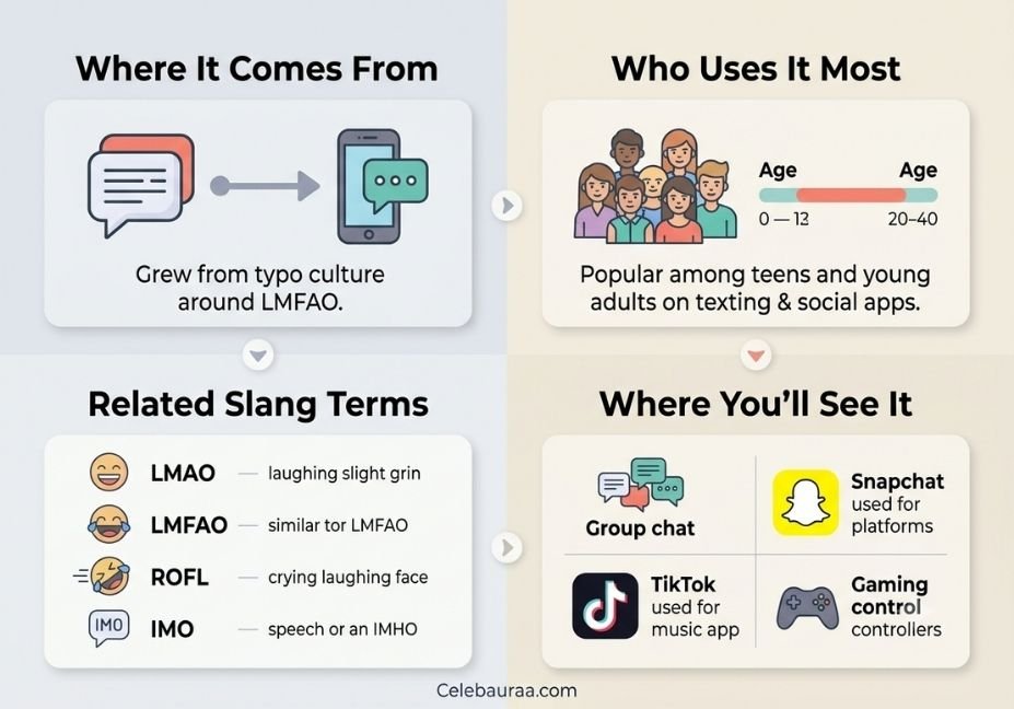 Infographic covering IMFAO's origin, common users, related slang terms, and where it's used online." Caption: "Where IMFAO comes from, who uses it, and similar slang terms to know