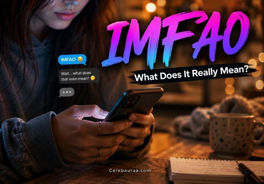 "Person texting on smartphone illustrating the meaning of the slang term IMFAO in a chat conversation." Caption: "What does IMFAO mean? A quick look at the internet slang term everyone's texting."