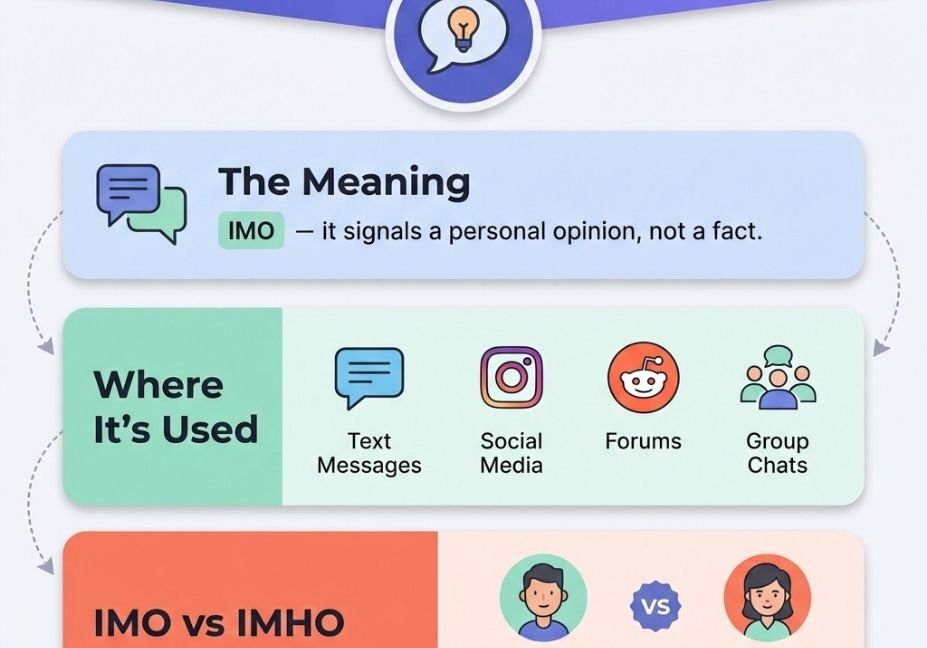Infographic explaining what does imo mean in text, including IMO vs IMHO comparison