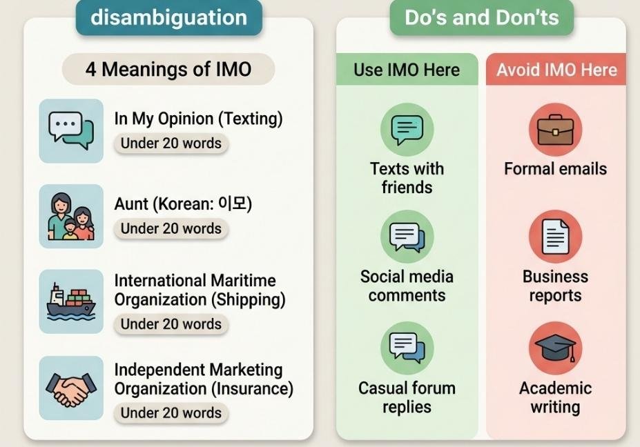 Infographic on other meanings of imo and when to use it, answering what does imo mean in text