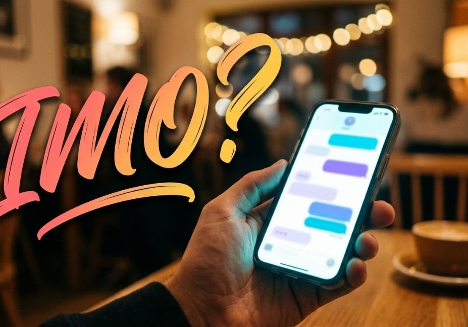 What does imo mean in text — hand holding phone with chat bubbles and bold IMO calligraphy