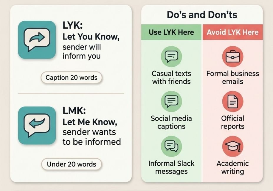 Infographic comparing lyk vs lmk and explaining what does lyk mean in different texting situations