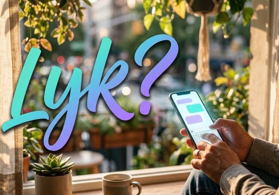 What does lyk mean — person texting on phone with bold LYK calligraphy overlay