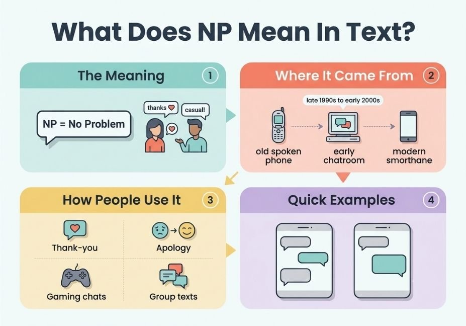 Flat-design infographic explaining what np means in text, covering its definition, origin timeline, common uses in texting and gaming, and example chat exchanges.