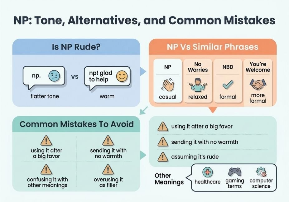 Flat-design infographic comparing np's tone in texting, similar phrases like no worries and nbd, common mistakes to avoid, and its other non-texting meanings.