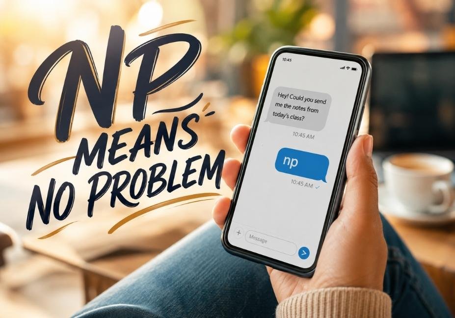 Person holding a smartphone displaying a casual text message, with bold calligraphic text reading "NP means no problem" overlaid on a warm, softly lit background.