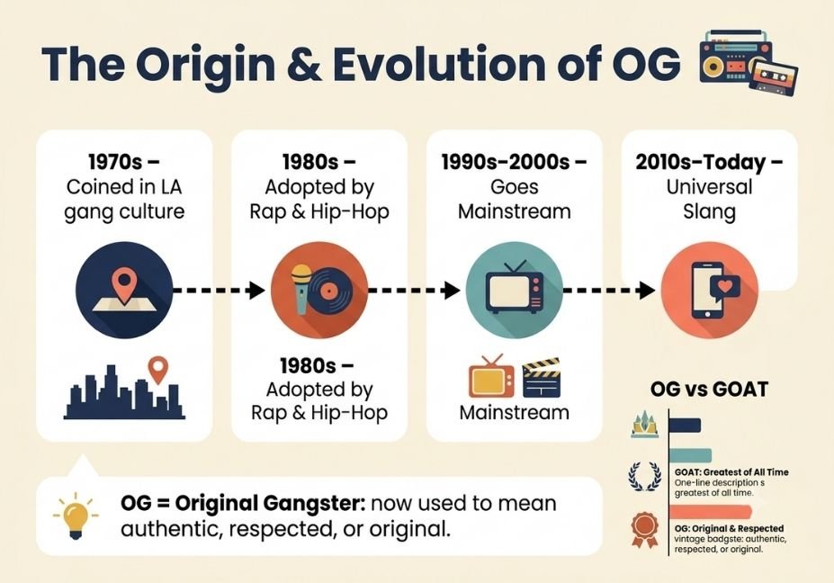 Infographic timeline showing the origin and evolution of the slang term OG from the 1970s to today.