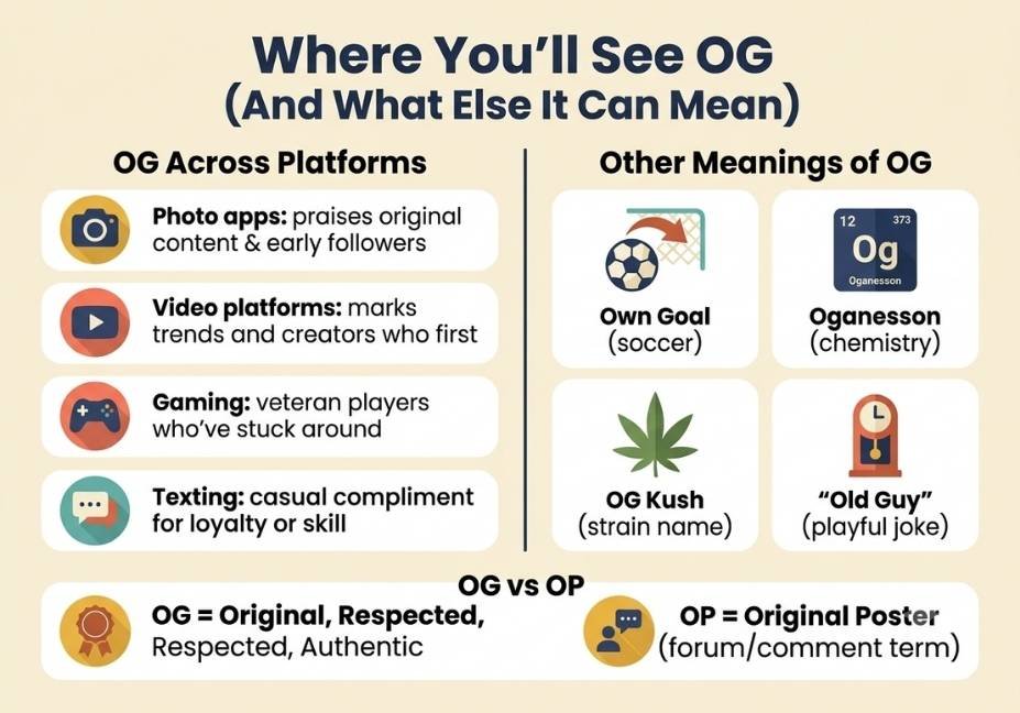 Infographic showing where the term OG is used across social platforms and its other non-slang meanings