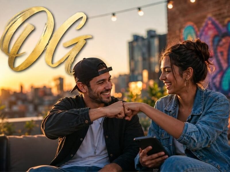 Two friends smiling and giving a respectful fist bump at golden hour, with bold calligraphic "OG" text overlay representing slang meaning