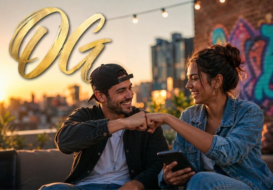 Two friends smiling and giving a respectful fist bump at golden hour, with bold calligraphic "OG" text overlay representing slang meaning