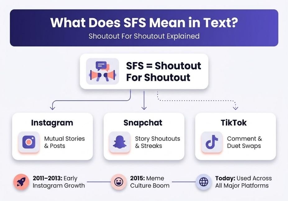 Infographic explaining SFS meaning in text across Instagram, Snapchat, and TikTok