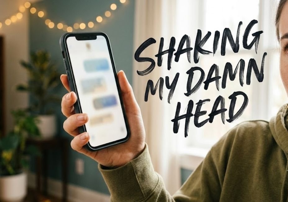 What does SMDH means — hand holding phone with Shaking My Damn Head text overlay
