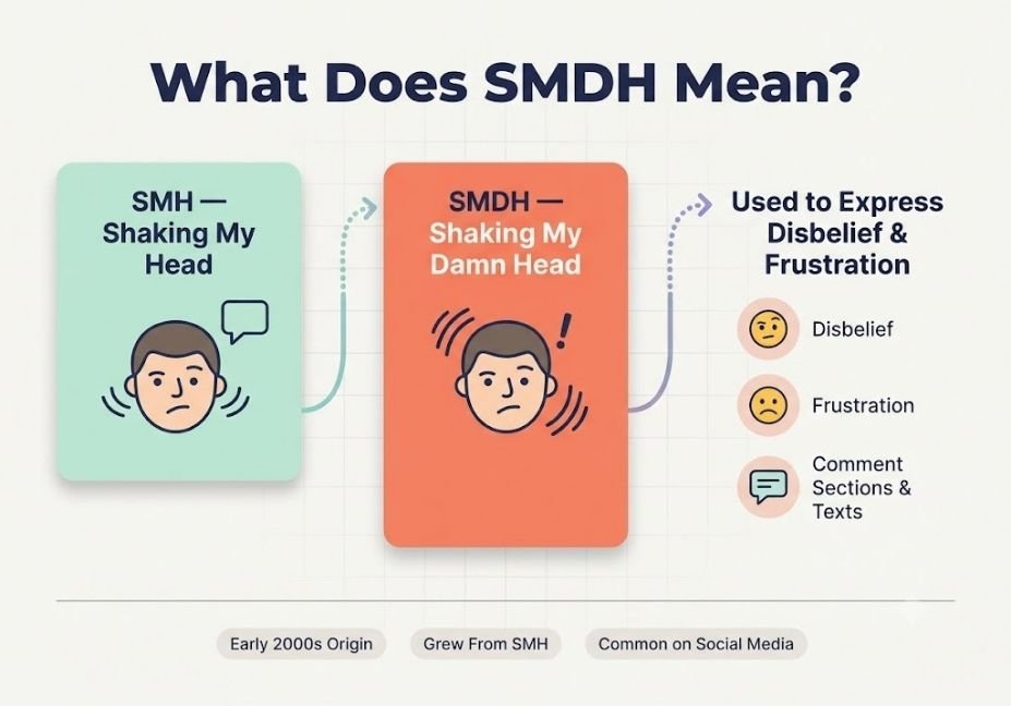 "Infographic explaining what does SMDH means, its origin from SMH, and common uses"